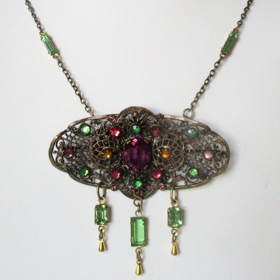 Antique Victorian Brass & Crystal Pin/Pendant Necklace