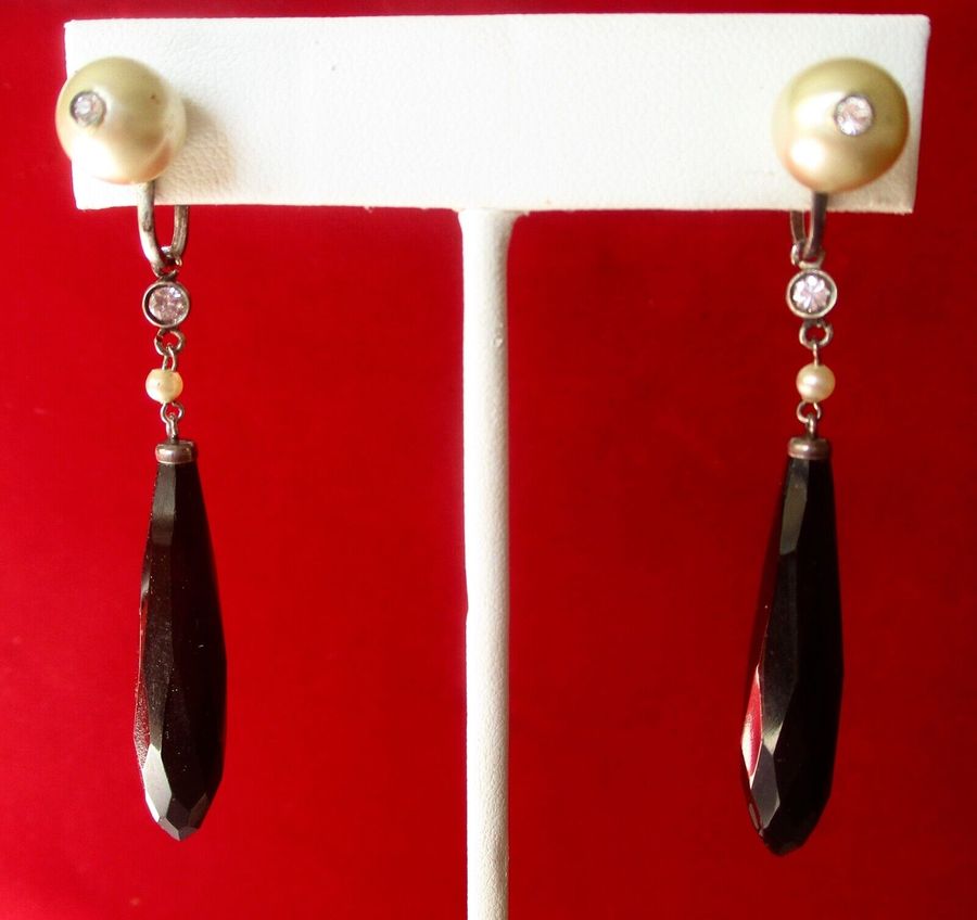 Pair of Unique Antique  French Jet & Faux Pearl   Screw Back Earrings