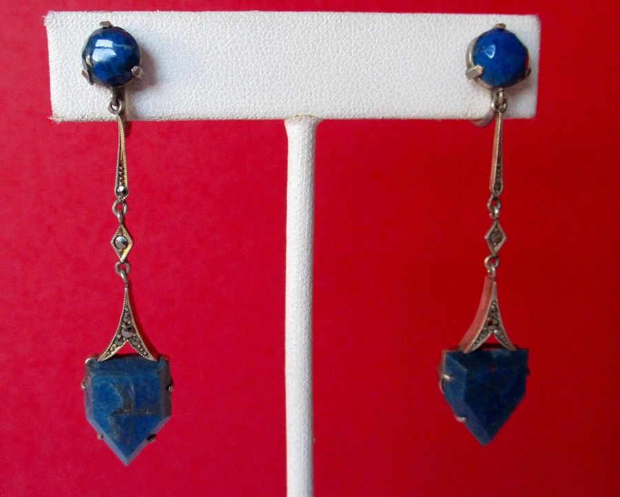 Pair of Antique Sterli Silver Lapis Lazuli Screw-Back  Earrings With Marcasites