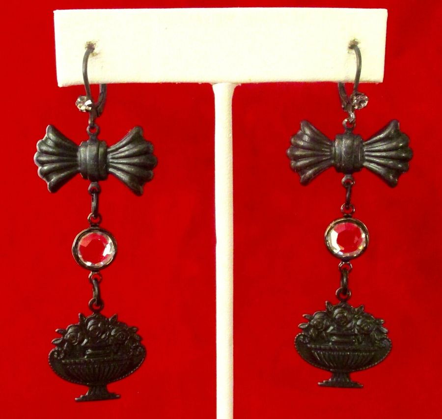 Pair of Vintage Victorian-Inspired Black Bronze & Crystal Earrings/Steampunk/Boh