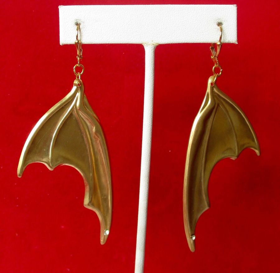 Pair of Vintage Brass Bat Wing Earrings With Tiny Rhinestones