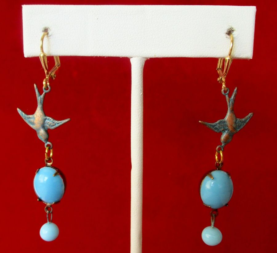 Pair of Vintage 2 1/4-Inch Turquoise Glass & Brass  Swallow Earrings/Boho/Hippie