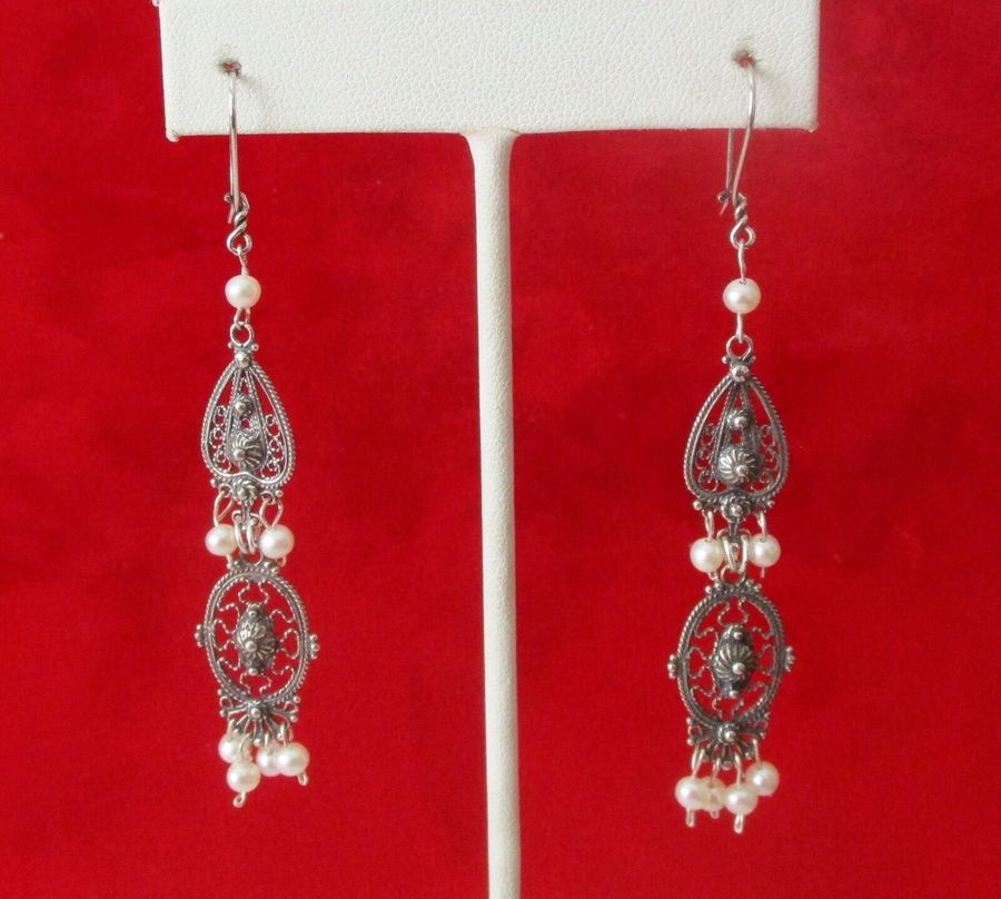 Pair of Vintage  Sterling Silver Hippie/Boho/Wedding Earrings With  Pearls