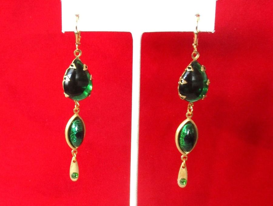 Pair of Vintage Peacock Eye & Brass 3-Inch Earrings
