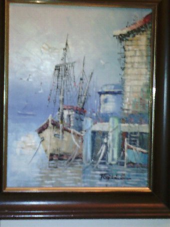 Antique Florance oil painting boat scene at harbour
