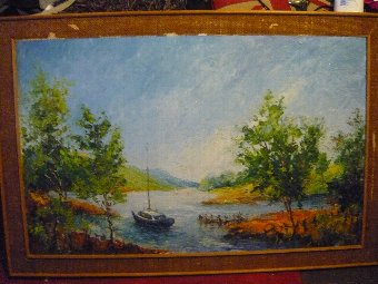 oil painting large scene boat at shore
