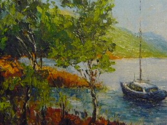 Antique oil painting large scene boat at shore