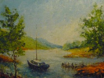 Antique oil painting large scene boat at shore