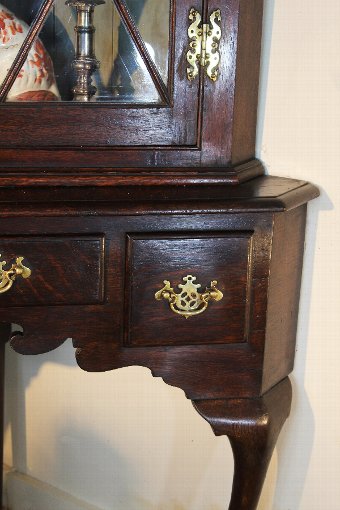 Antique 19thC Oak Corner display cabinet on cabriole leg stand. Periodmanorantiques