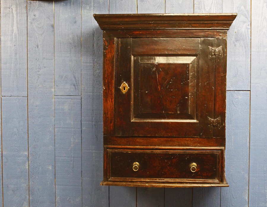 Antique Late 17thC Oak Hanging Wall Cupboard. Mural or Spice Cabinet