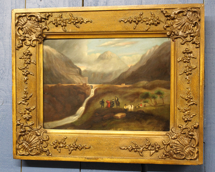 Antique Folk Art. Oil Painting. The Falls of Ogwen. North Wales 1840