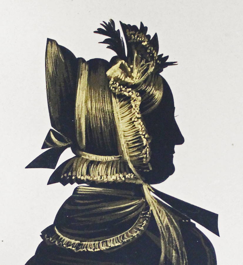 Antique Early Victorian Silhouette of a Lady. Pen and Ink, with Bronzed Highlights.
