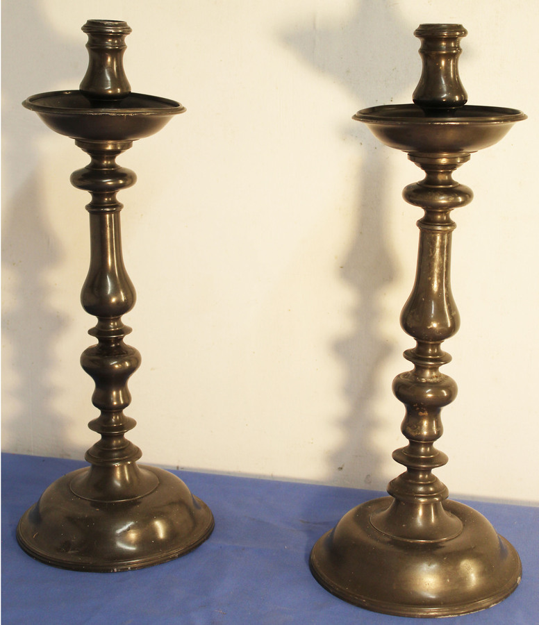 Antique Large Pair of 19th Century Antique Pewter Candlesticks