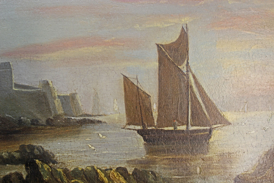 Antique Victorian Marine Painting. Fishing Lugger, Mouth of the Tamar, Devon