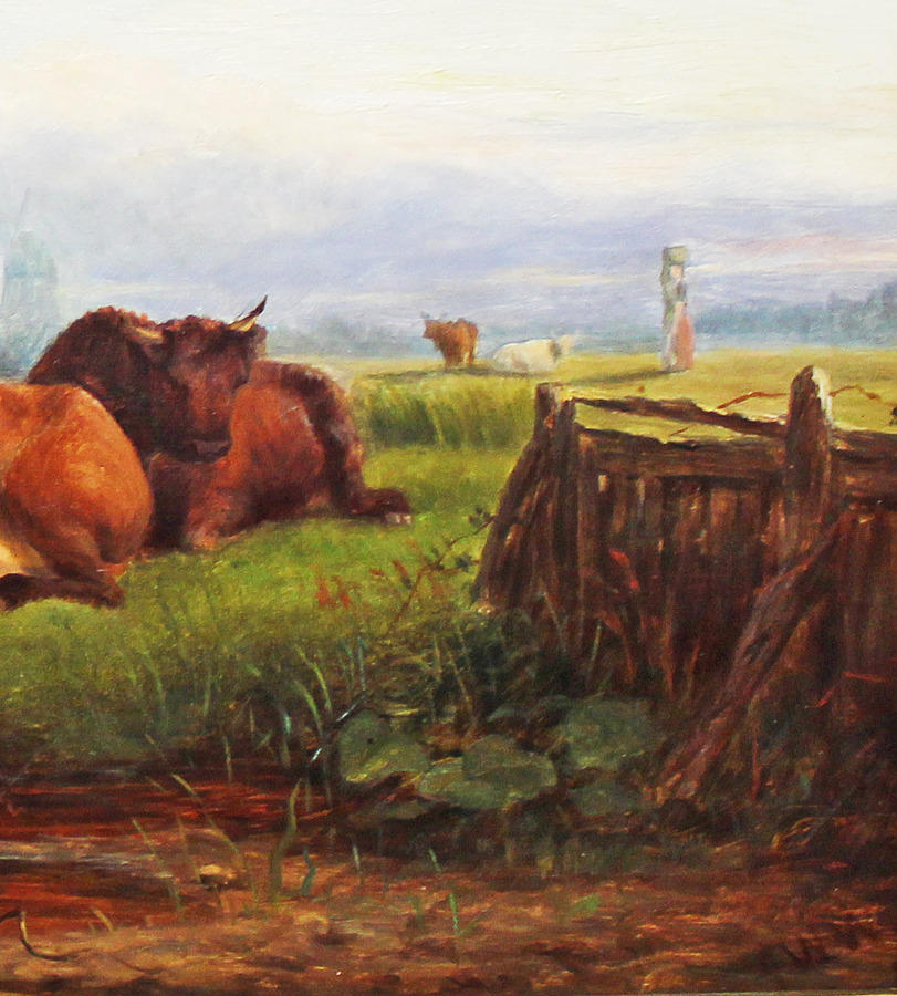 Antique Victorian Oil on Canvas. Pastoral landscape with cattle. 