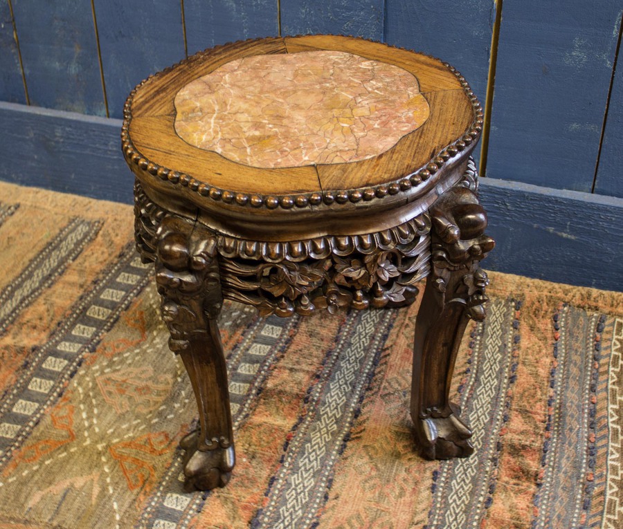 Antique 19th Century Chinese Rosewood & Marble Jardinière Stand / Lamp Table