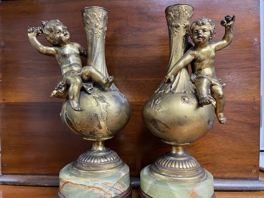 Pair Augusta Moreau gilt bronze vases with Putti c1860