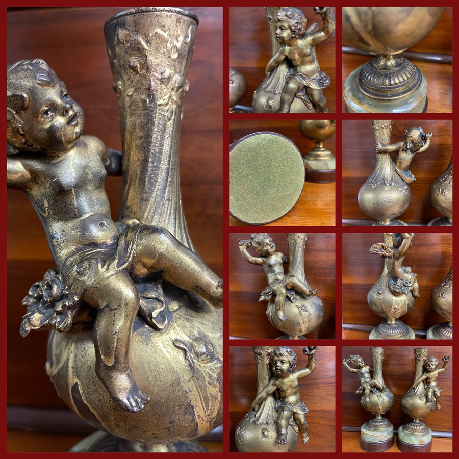 Antique Pair Augusta Moreau gilt bronze vases with Putti c1860