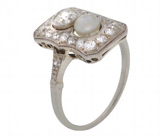 Antique Vintage Art Deco 14ct White Gold 0.73ct Diamond & Pearl Dress Ring