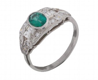 Antique Vintage Art Deco 18ct White Gold 0.64ct Emerald & Diamond Cocktail Ring