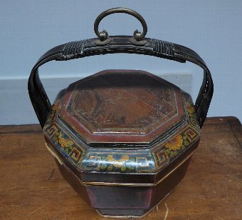 Antique Late 19th/early 20th Century Chinese Painted Bamboo Wedding Lunch Box