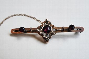 Antique Antique 9ct Gold and Ruby Brooch with Seed Pearls