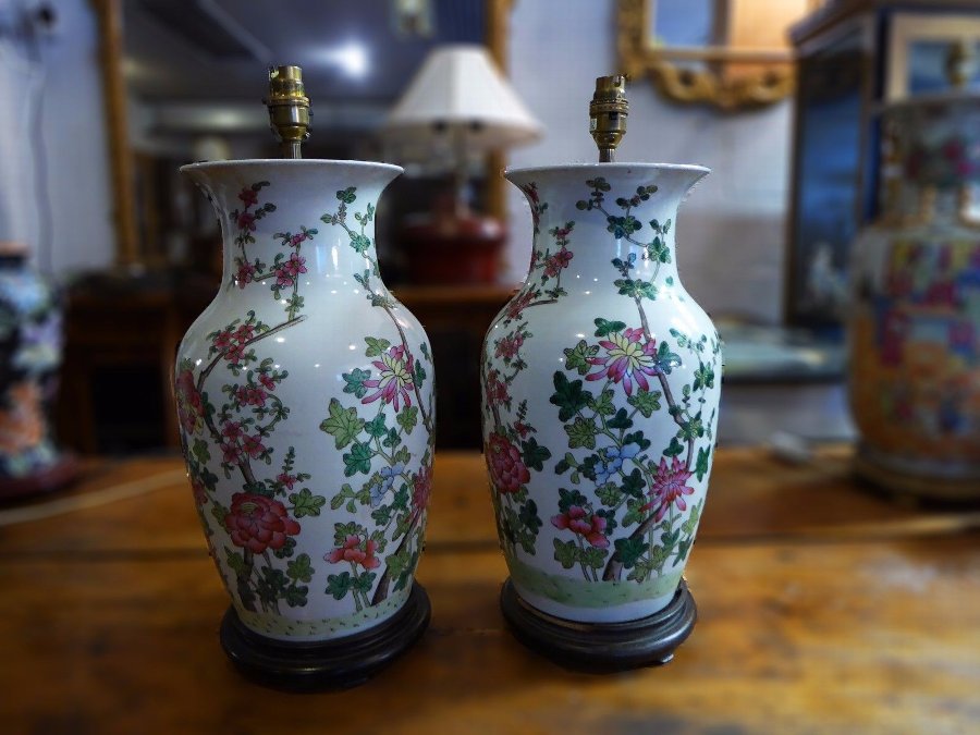 Pair of Decorative Cantonese vase converted to electric lamps - floral pattern