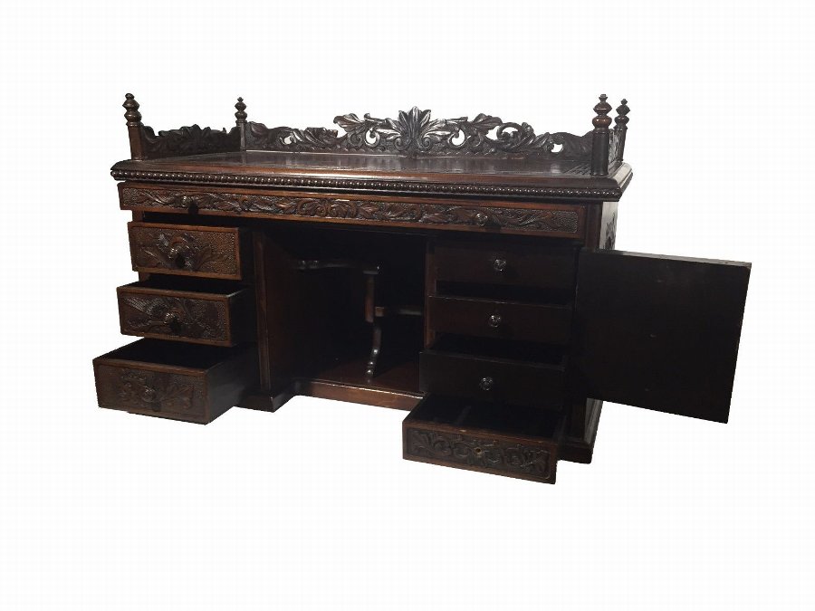 Antique original period hardwood chinese gothic dark carved wood chest cabinet