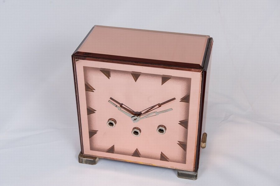 Antique Art deco rose pink glass clock