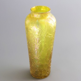 Antique Large Tall Kralik Iridescent Crackle Glass Art Nouveau Vase c1910