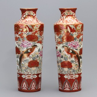 Antique Mirrored Pair of Japanese Meiji Period Kutani Vases With Exotic Birds c1890