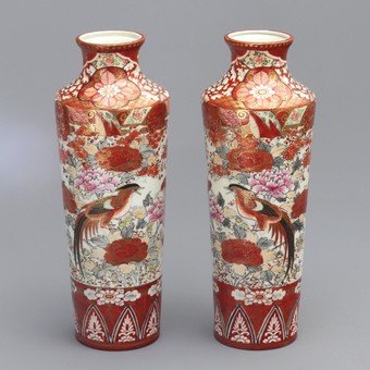 Antique Mirrored Pair of Japanese Meiji Period Kutani Vases With Exotic Birds c1890