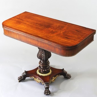 Antique Regency Rosewood Foldover Pedestal Tea Table with Gilt Mounts c1815