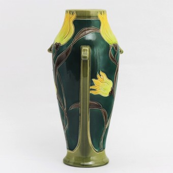 Antique Tall Burmantofts Faience Decorated Art Nouveau Pottery Vase c1900