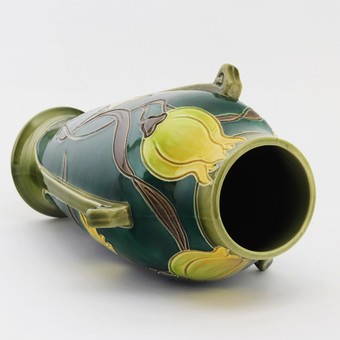 Antique Tall Burmantofts Faience Decorated Art Nouveau Pottery Vase c1900