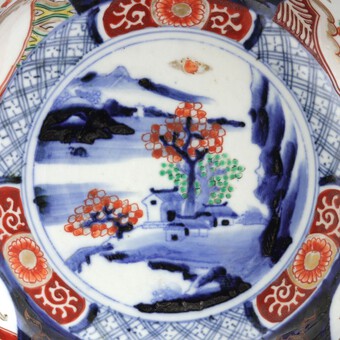 Antique Meiji Period Japanese Imari Footed Bowl With Blue Fuku Mark c1890