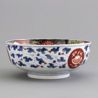 Antique Meiji Period Japanese Imari Footed Bowl With Blue Fuku Mark c1890