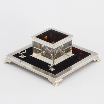 Antique Art Deco Silver and Tortoiseshell Inkwell with Stand by Mappin & Webb 1929