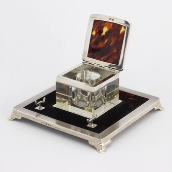 Antique Art Deco Silver and Tortoiseshell Inkwell with Stand by Mappin & Webb 1929