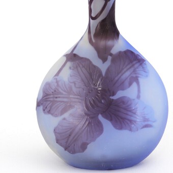 Antique Galle Art Nouveau Cameo Glass Banjo Vase with Clematis Flowers c1900