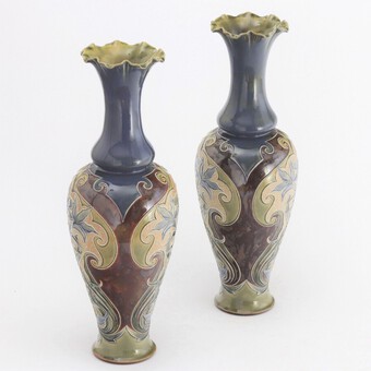 Antique Pair of Tall Doulton Lambeth Art Nouveau Baluster Vases by Eliza Simmance c1895