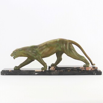Large French Art Deco Patinated Spelter Prowling Panther on Marble Base c1925