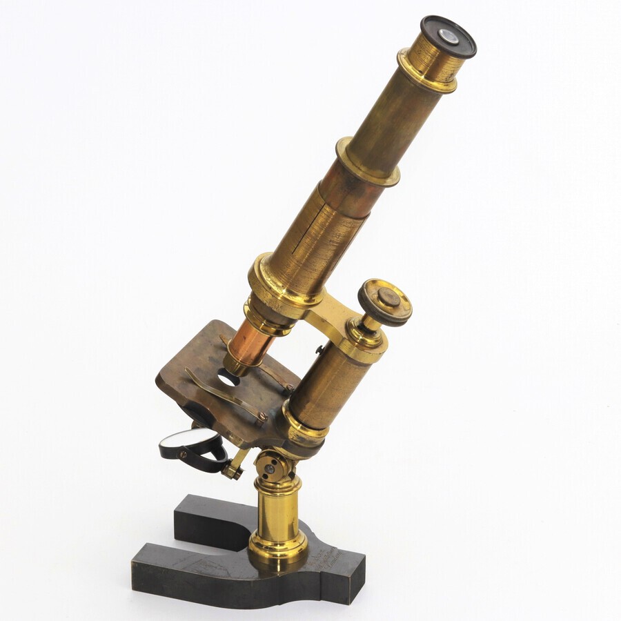 Antique Mahogany Cased Brass Monocular Microscope by Baker of London c1870
