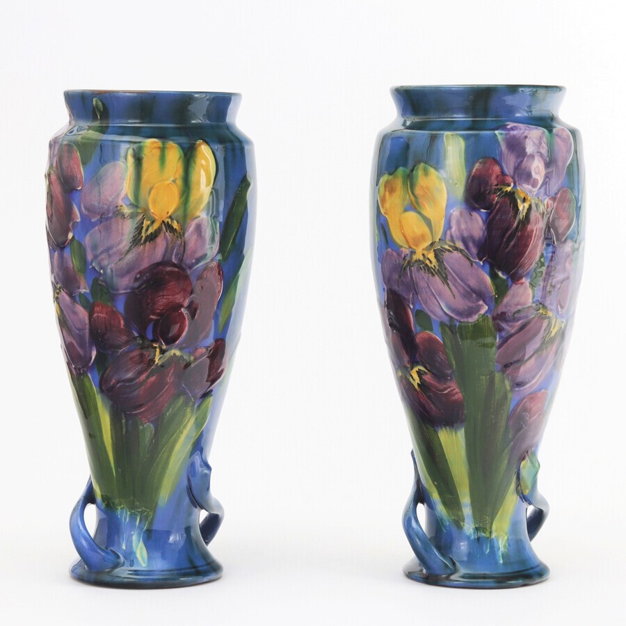 Torquay Pottery Tall Pair of Faience Vases by Lemon & Crute c1920