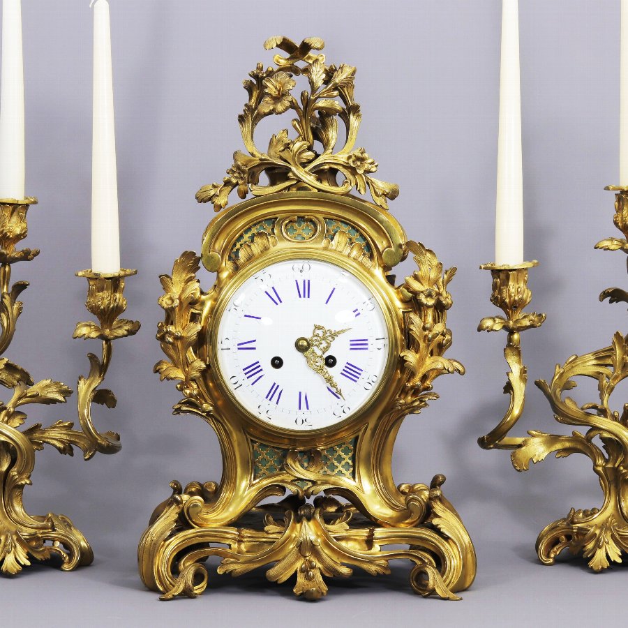 Antique French Gilt Bronze Striking Mantel Clock with Garnitures, Vincenti & Cie C.1860