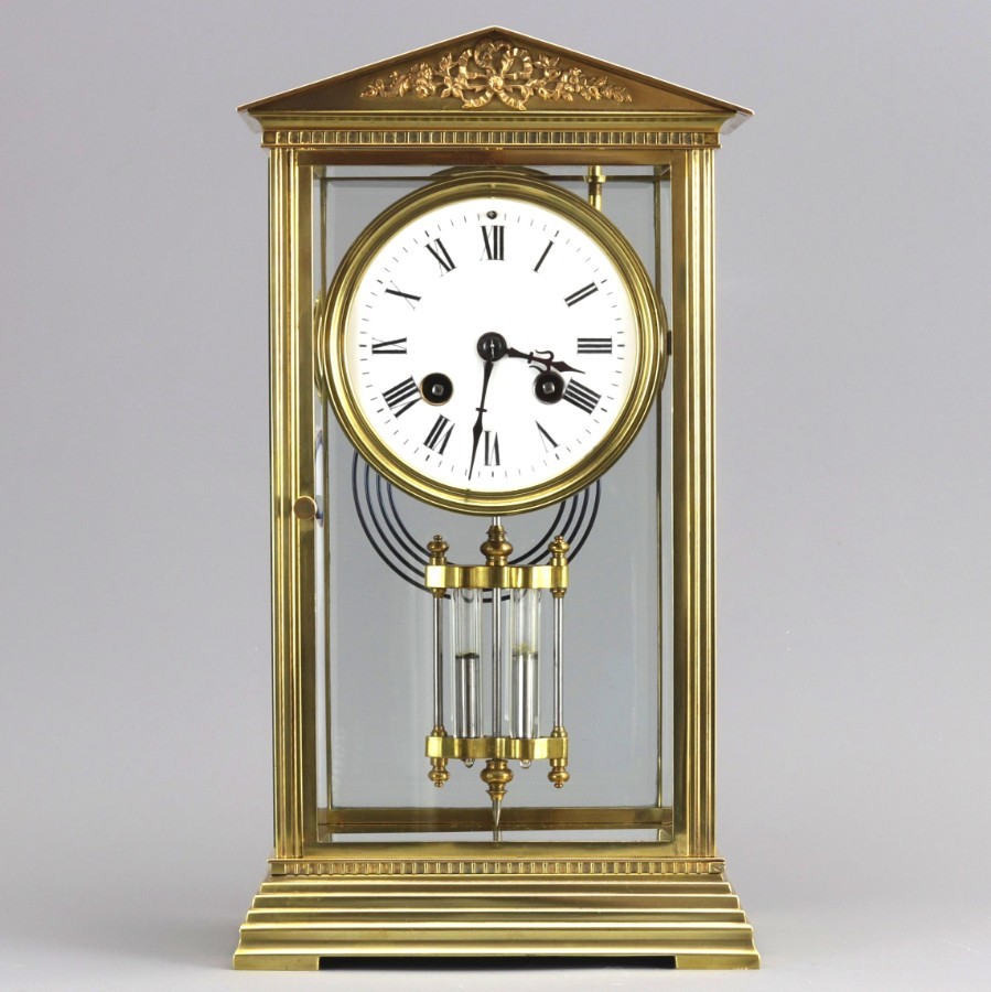 French Four Glass Brass Mantle Clock by Couaillet Freres c.1895