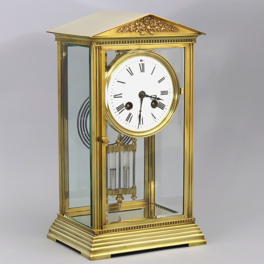 Antique French Four Glass Brass Mantle Clock by Couaillet Freres c.1895