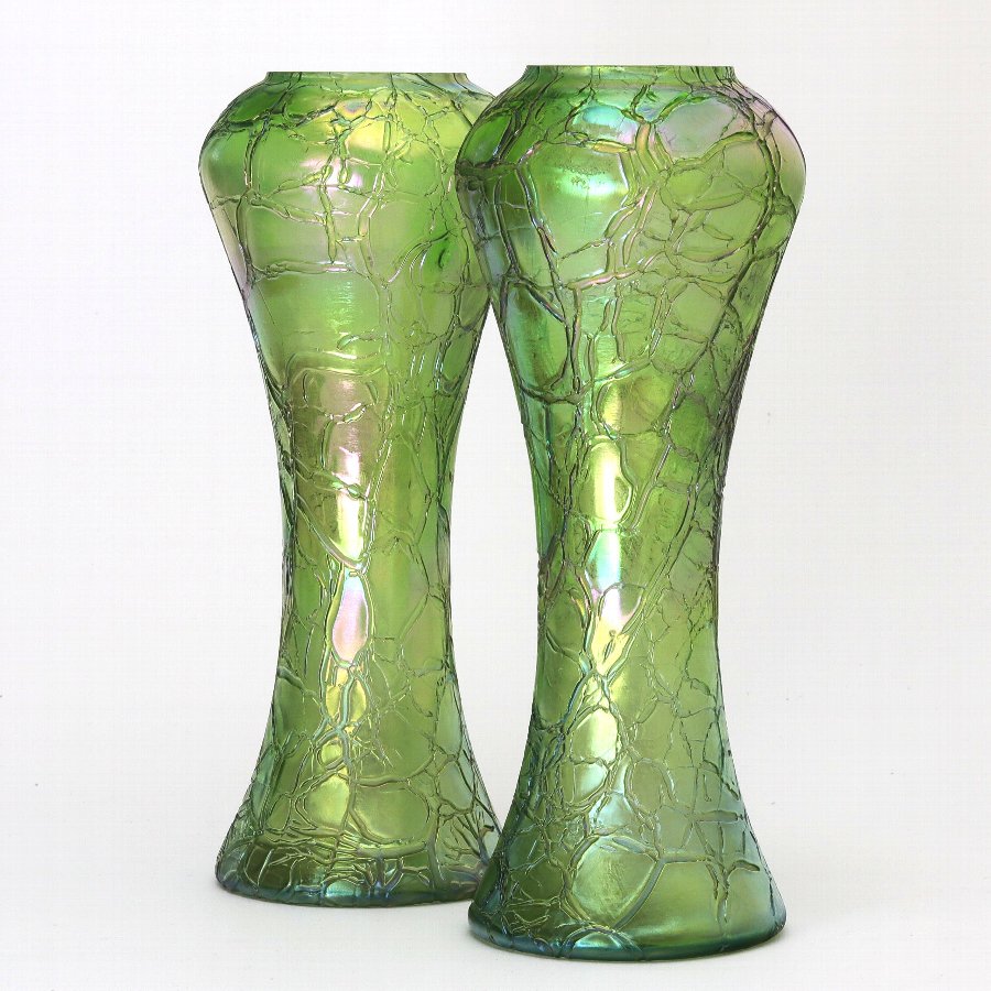 Pair of Kralik Iridescent Crackle Glass Vases c1900