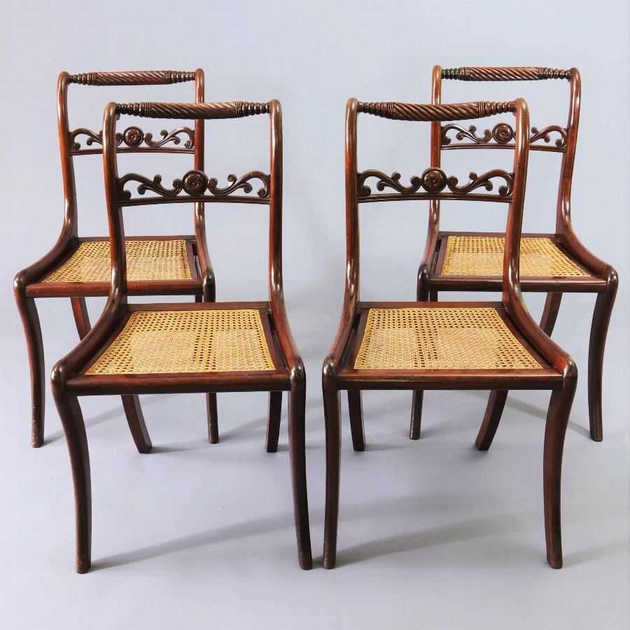 Set of Four Regency Mahogany Rope-Back Dining Chairs with Cane Seats c1815