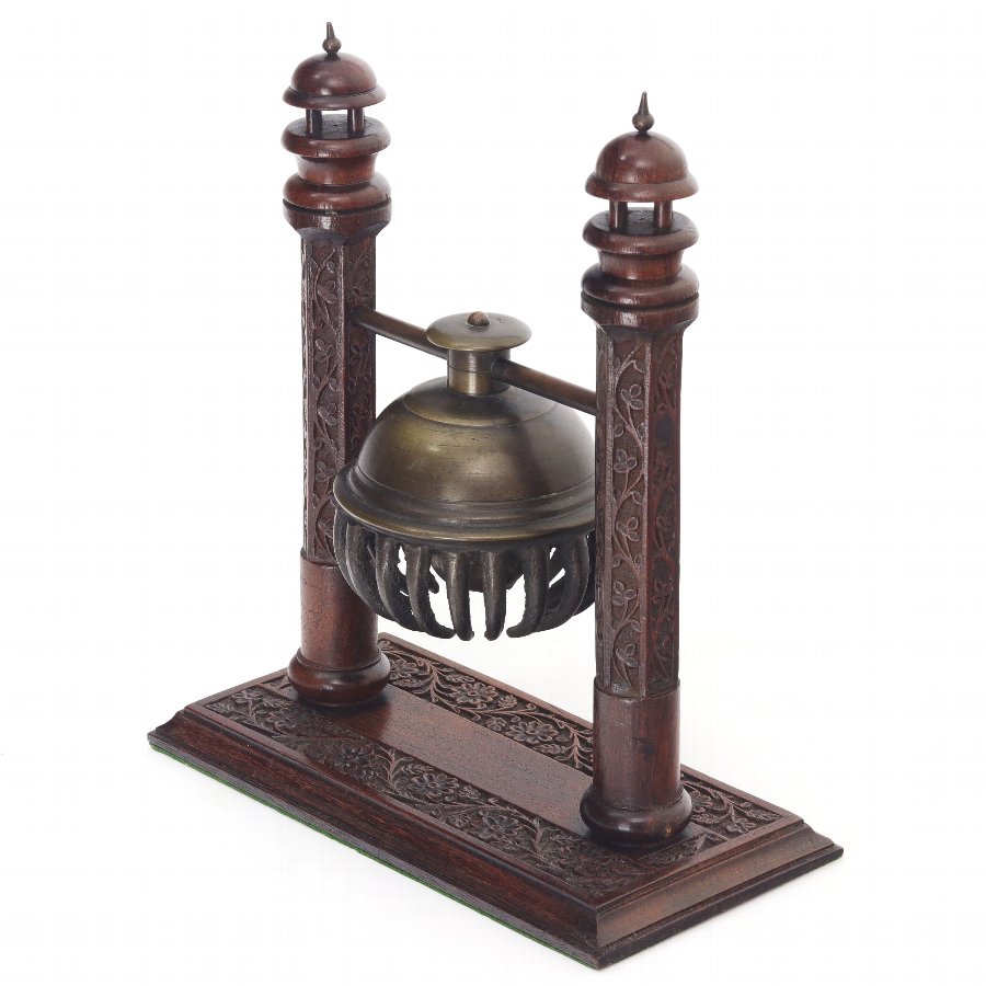 19th Century Bronze Indian Elephant or Claw Bell on Carved Stand